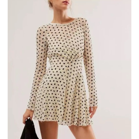 Free People Sheer Delight Lace Boho Minidress Womens Medium Off White Velvet Bow - Picture 8 of 16